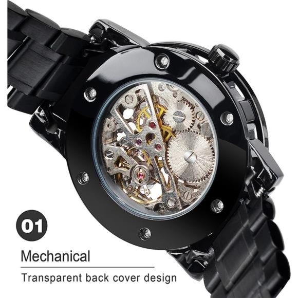 Retro Manual Mechanical Skeleton Watch with Diamond& Carving Flower, BlackSilver - Picture 6 of 6